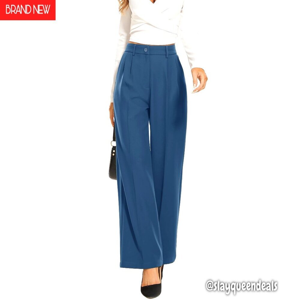 High-Waisted Wide Leg Work Pants, Polyester Blend, Elastic Back, Pleated Front